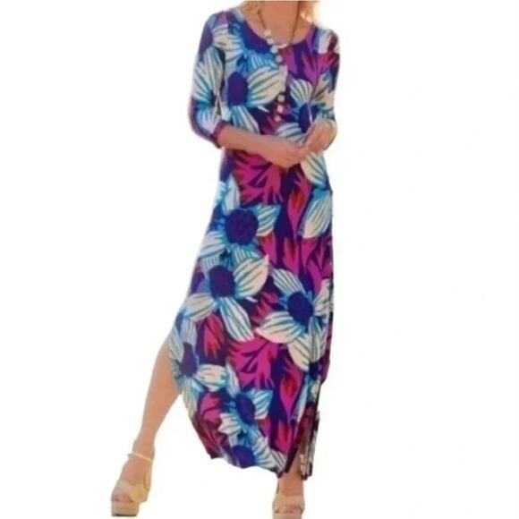 NWT Soft Surroundings Serena Maxi Dress Floral Slits Stretch Size L Blue Multi - Picture 1 of 12